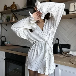 2025 summer new knitted pajamas love print comfortable European and American home clothes ruffled long-sleeved nightgown